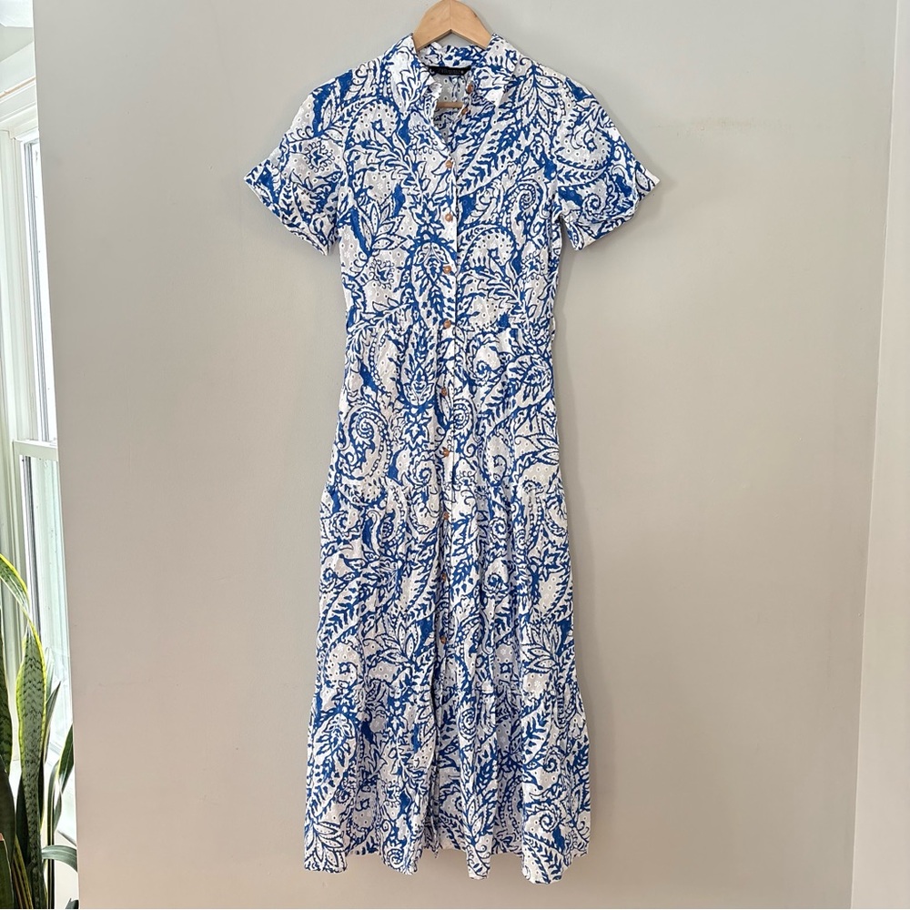 Zara Eyelet Blue White Paisley Summer Midi Dress Size XS Boho Vacation Dress - Picture 2 of 13